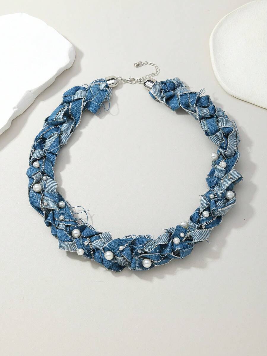 Pearl Necklace - Upcycled Denim Braided Choker Necklace With