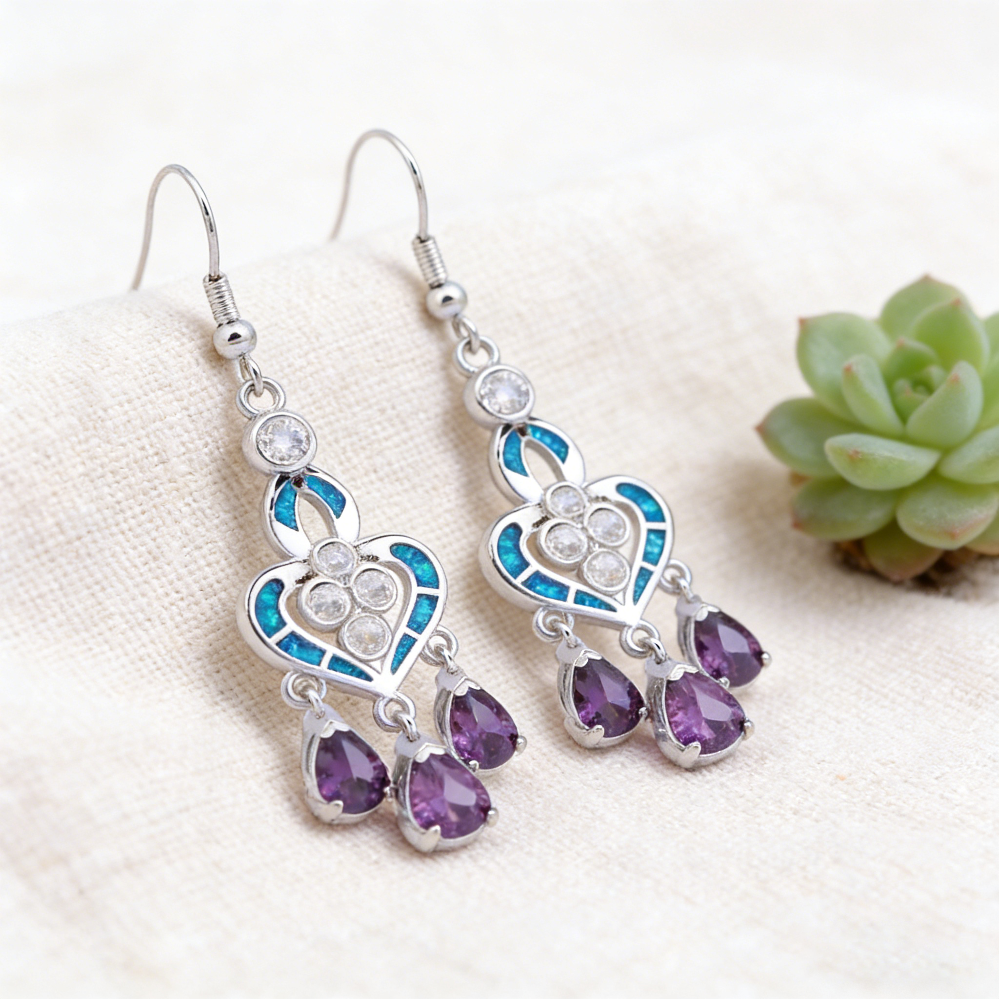 Heart Shape Earrings with Blue - Opal Earrings Dangle 评论和价格